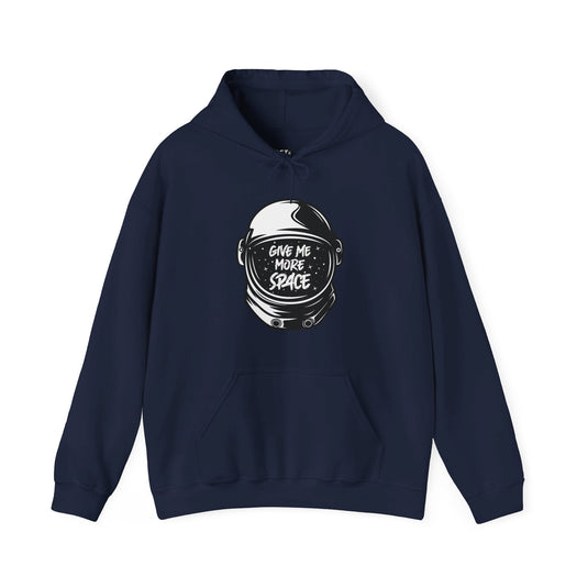 Navy hoodie featuring "Give Me More Space" design with astronaut helmet, ideal for men and women who need humor and space.