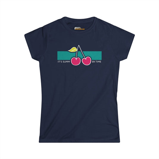 Navy women’s cut tee featuring a bright cherry graphic and 'It’s Summertime' text, perfect for summer lovers.