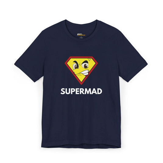 Navy tee for men and women featuring the 'Supermad' parody design, perfect for those who enjoy sarcasm with a heroic twist.