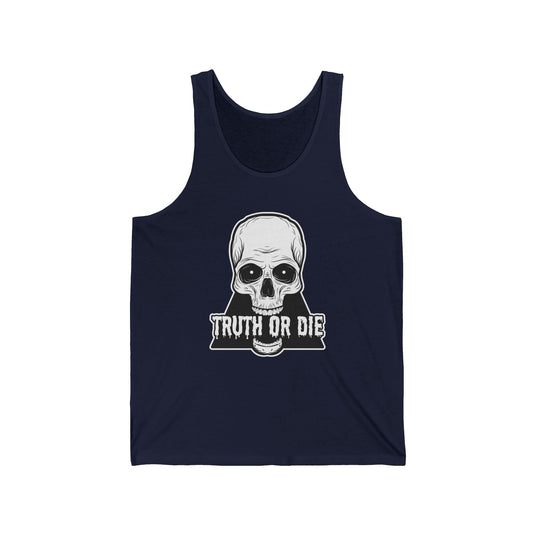 Navy tank top for men and women with a striking "Truth or Die" skull design, ideal for those who appreciate bold and edgy styles.