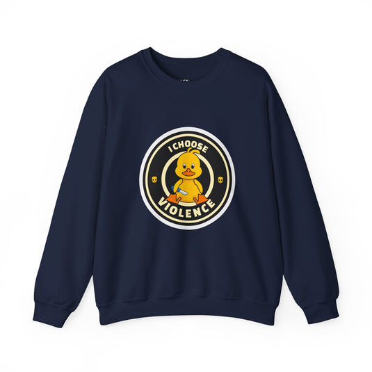 Navy sweatshirt with a humorous graphic of a rubber duck and the phrase "I Choose Violence" for a sarcastic touch.