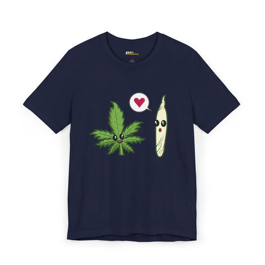 Navy Weed Love t-shirt for men and women, featuring a playful cannabis design. Perfect for casual outfits and weed enthusiasts.