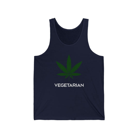 Navy tank top for men and women featuring a bold "Vegetarian" design with a cannabis leaf graphic, perfect for weed lovers.