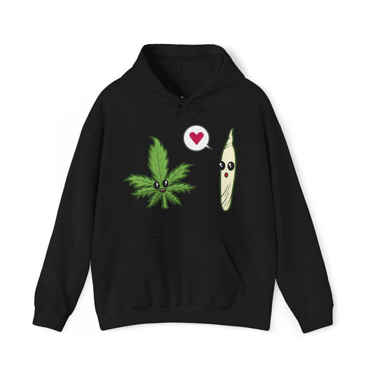 Navy hoodie featuring a fun weed leaf and joint design with heart emojis, perfect for men and women who love cannabis culture.