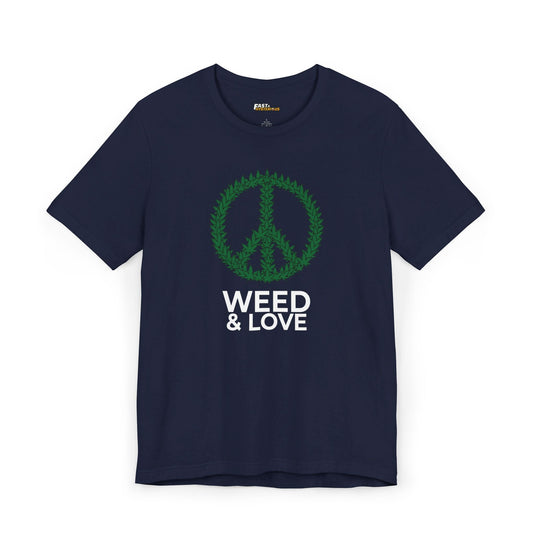 Navy tee for men and women featuring a 'Weed & Love' parody design, great for those who love cannabis and peace.