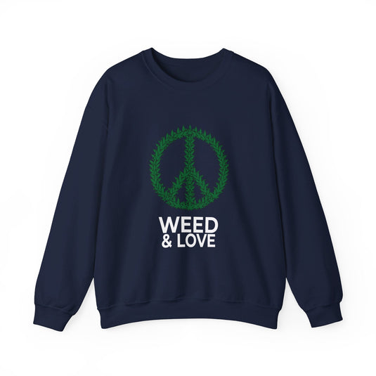 Navy sweatshirt with a "Weed & Love" design, ideal for men and women who appreciate humor and the cannabis lifestyle.