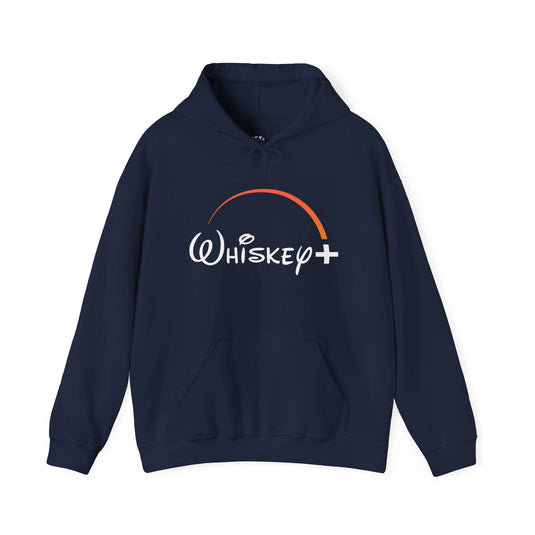 Navy hoodie for men and women with a playful "Whiskey Plus" brand parody design, ideal for fans of both alcohol and humor.