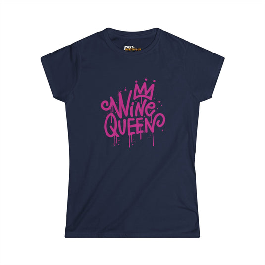 Navy women’s cut tee featuring a stylish 'Wine Queen' graphic, great for wine lovers who enjoy a royal flair.