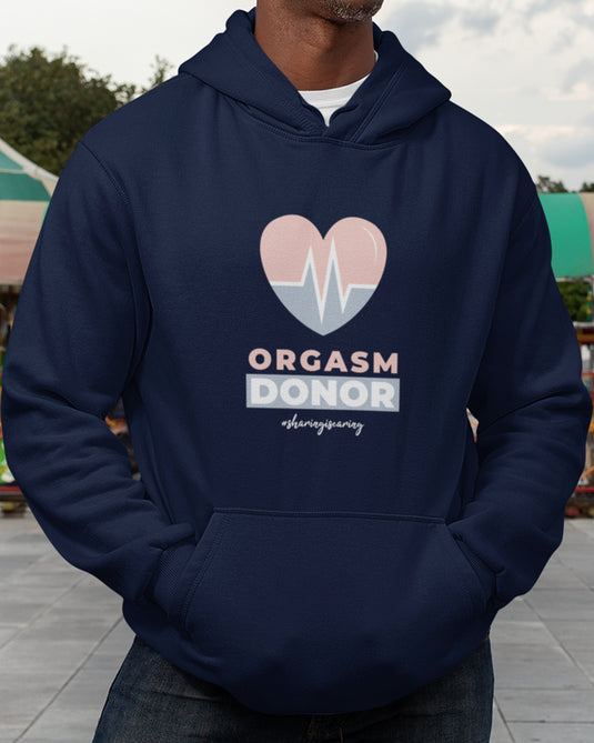 Navy blue graphic hoodie with funny "Orgasm Donor" design, ideal for unisex streetwear and bold statement lovers.