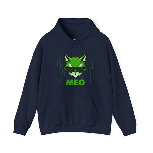 Navy hoodie with the "MEO" design, perfect for cat lovers and fans of subtle sci-fi brand parodies in a stylish, comfortable hoodie.