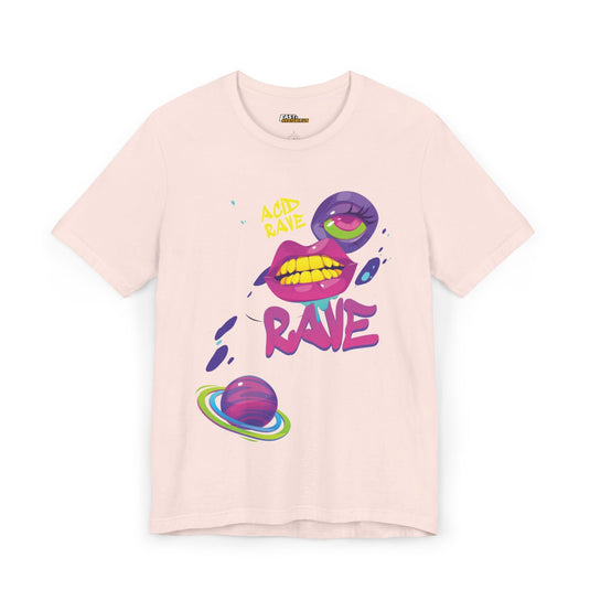 Pink t-shirt with vibrant psychedelic lips and planetary visuals, perfect for rave lovers and festival goers.