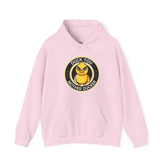 Light pink hoodie featuring the "Duck You Mother Ducker" design, perfect for men and women who enjoy playful and sarcastic humor.