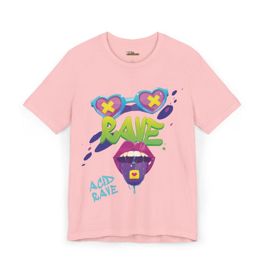 Pink t-shirt with bold psychedelic sunglasses and graffiti-style text, perfect for men and women who love rave culture.