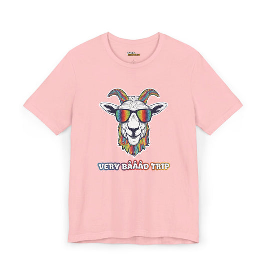 Pink tee for men and women with a colorful 'Very Baaad Trip' design, ideal for making a statement at any rave party.