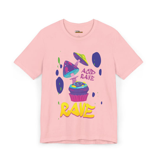 Pink t-shirt featuring a colorful cupcake and mushroom design with bold graffiti-style text, perfect for psychedelic rave lovers.