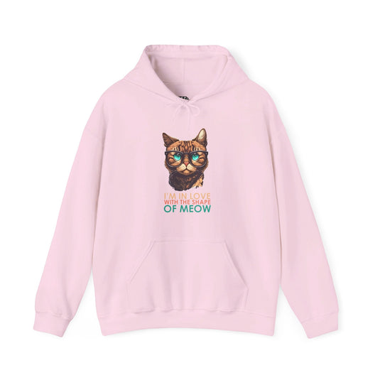 Light pink hoodie featuring the "I'm in Love with the Shape of Meow" design, perfect for cat lovers and those who appreciate subtle music parodies.