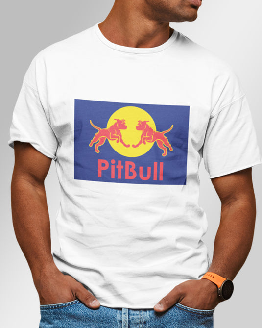 White graphic T-shirt featuring a funny pitbull-themed parody design, perfect for bold statement fashion and dog lovers.