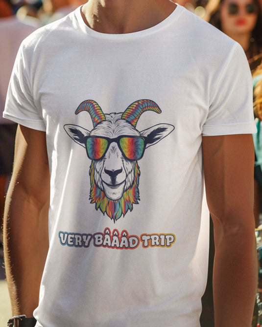 White graphic T-shirt featuring a psychedelic goat design with colorful sunglasses and "Very Baaad Trip" text, perfect for rave parties and bold fashion lovers.