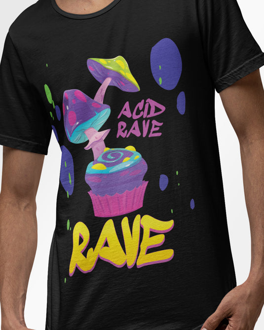 Black psychedelic graphic tee featuring vibrant mushroom artwork with text reading "Acid Rave" in colorful, trippy design.