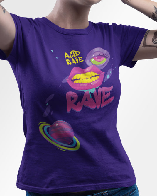 Purple psychedelic graphic tee with a vibrant design featuring colorful lips, a trippy eye, and a planet illustration.