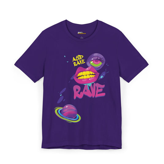 Purple t-shirt with psychedelic lips and planet-themed visuals, perfect for lovers of rave culture and trippy aesthetics.