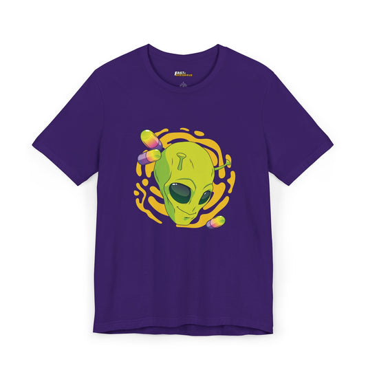 Purple t-shirt with a trippy alien head design, ideal for men and women who enjoy psychedelic fashion.