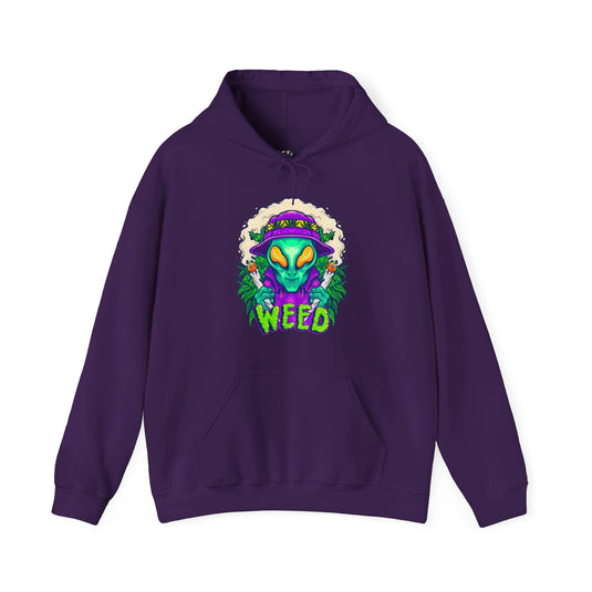 Purple hoodie for men and women with a playful "Alien Weed" graphic, perfect for those who love bold and fun cannabis designs.