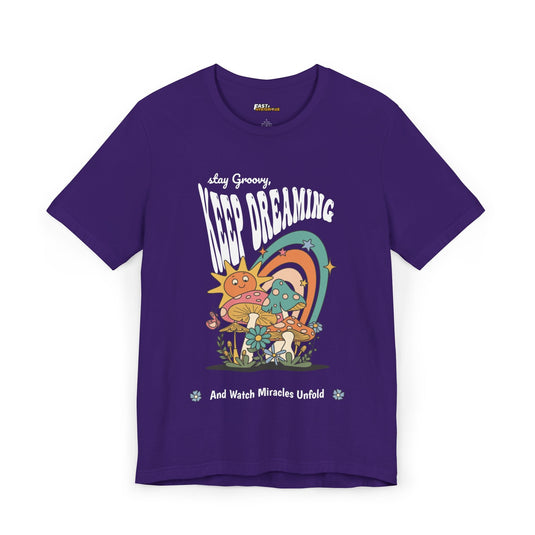 Purple t-shirt with a whimsical psychedelic design, great for keeping the good vibes flowing at festivals.