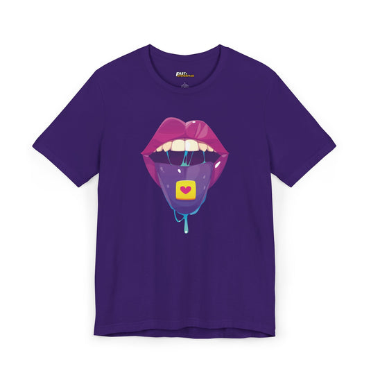 Purple t-shirt showcasing a colorful psychedelic lips design, great for adding a groovy touch to your outfit.