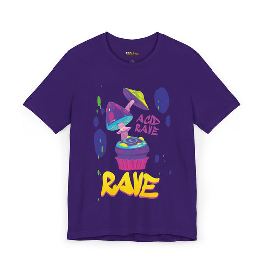 Purple t-shirt with a trippy cupcake and mushroom design, ideal for men and women who enjoy psychedelic rave culture.