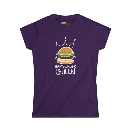 Purple Hamburger Queen t-shirt for women, featuring a fun foodie design with a hint of sarcasm. Great for casual wear.