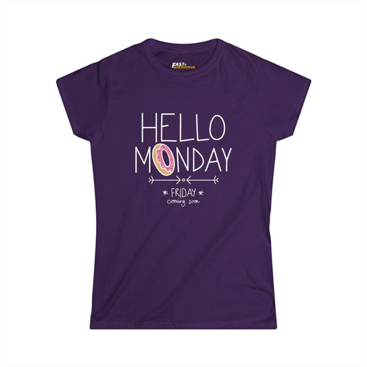 Purple Hello Monday t-shirt for women, featuring a humorous design. Great for adding some fun to your Monday routine.