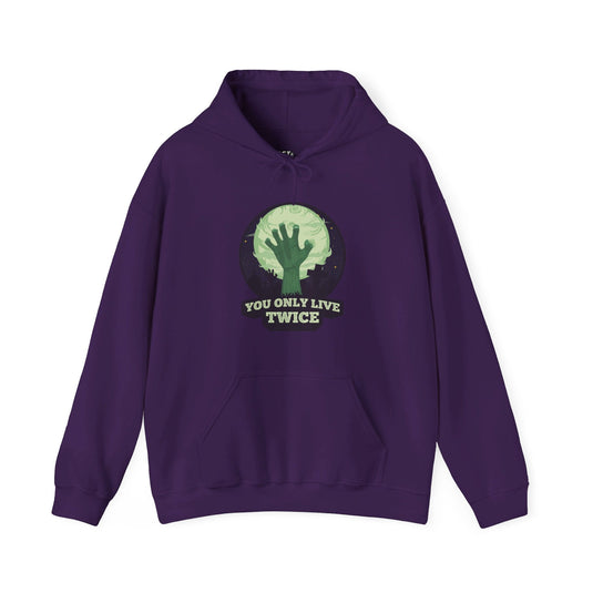 Purple hoodie for men and women featuring a spooky "You Only Live Twice" design with a sarcastic twist, ideal for edgy fashion.