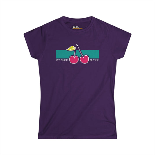 Purple women’s cut tee with a cheerful cherry graphic and 'It’s Summertime' text, great for showing off your summer spirit.