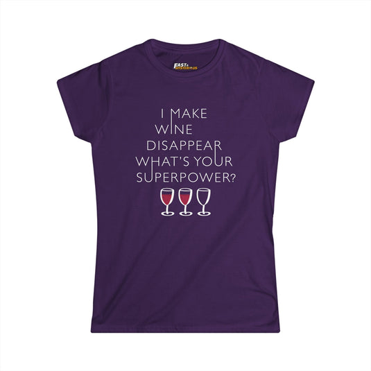 Purple women’s cut tee featuring a clever 'I Make Wine Disappear' graphic, perfect for those who love wine and sarcasm.