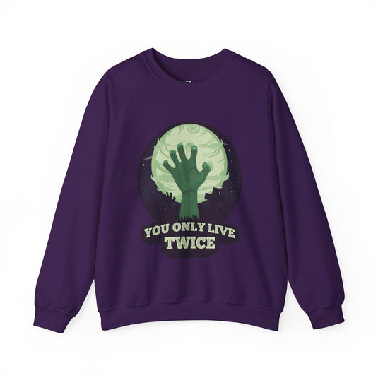 Purple sweatshirt for men and women with a humorous 'You Only Live Twice' graphic, ideal for adding a spooky touch to your outfit.