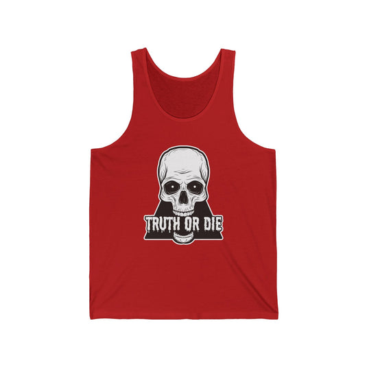 Red tank top for men and women featuring a powerful "Truth or Die" design with a bold skull graphic, perfect for making a statement.