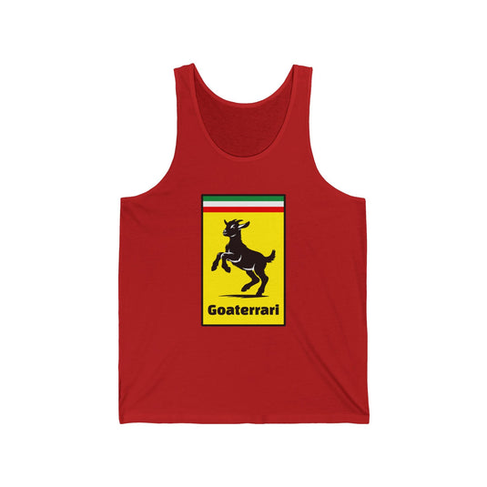 Red tank top for men and women featuring a playful "Goaterrari" brand parody design, perfect for car enthusiasts and humor lovers.