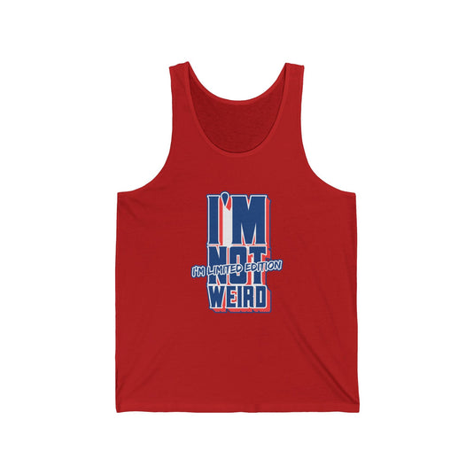 Red tank top for men and women featuring a bold "I'm Not Weird, I'm Limited Edition" design, perfect for those who love sarcastic humor.