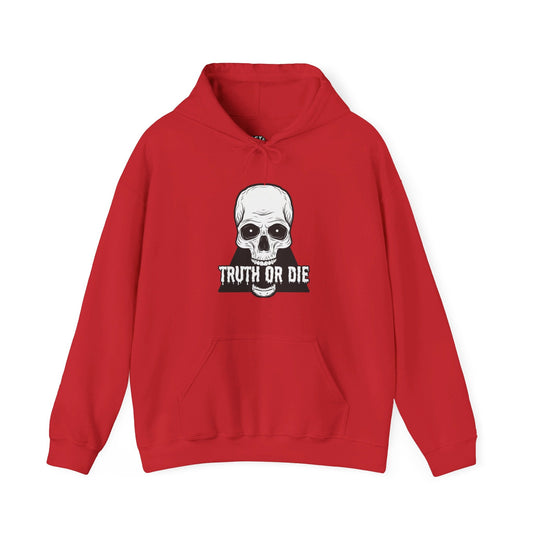 Red hoodie for men and women featuring a bold "Truth or Die" design with a skull graphic, perfect for edgy humor lovers.