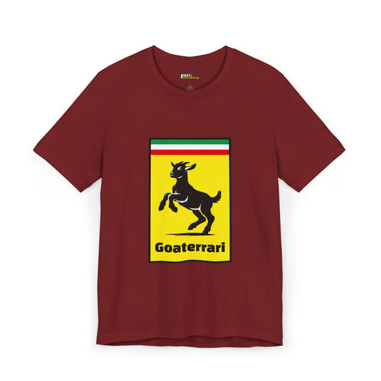 Cardinal Red Goaterrari t-shirt, featuring a funny twist on a classic logo. Great for men and women who enjoy car humor.