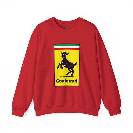 Red sweatshirt for men and women featuring a playful 'Goaterrari' parody design, ideal for humor and car enthusiasts.