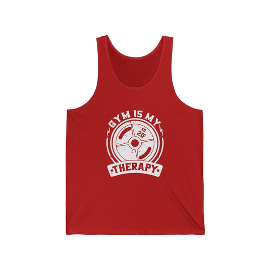 Red tank top for men and women with a funny motivational "Gym Is My Therapy" design, ideal for fitness lovers who hit the gym regularly