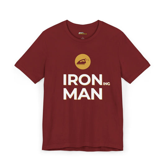 Cardinal Red Ironing Man t-shirt for men and women, featuring a humorous brand parody design. Perfect for fans of subtle sarcasm.