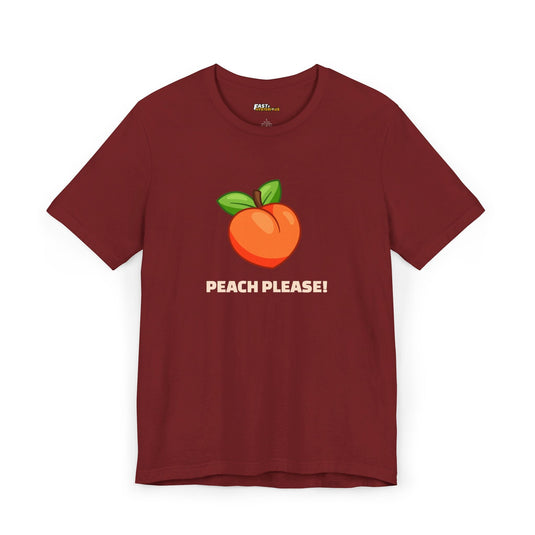 Cardinal red tee for men and women with a bold peach graphic and 'Peach Please!' text, making a statement.