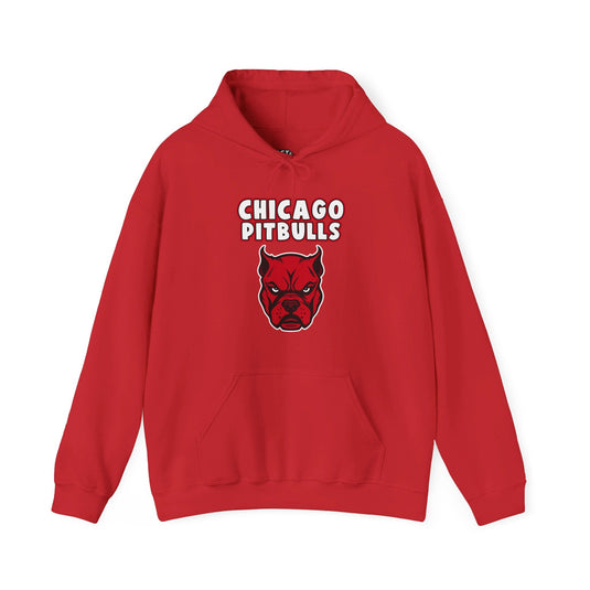 Red hoodie with the "Chicago Pitbulls" design, perfect for men and women who love pitbulls and clever brand parodies.