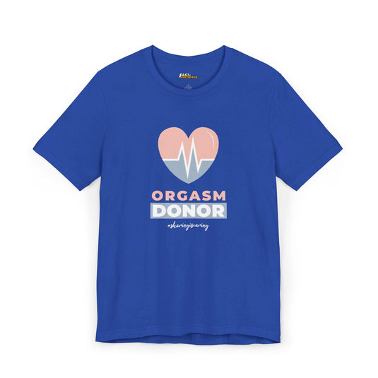 Royal blue men’s tee with a fun heart graphic and 'Orgasm Donor' text, great for adding humor to your wardrobe.