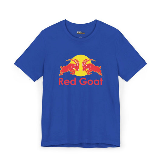 Royal blue tee for men and women featuring a bold 'Red Goat' parody design, great for making a statement with humor.