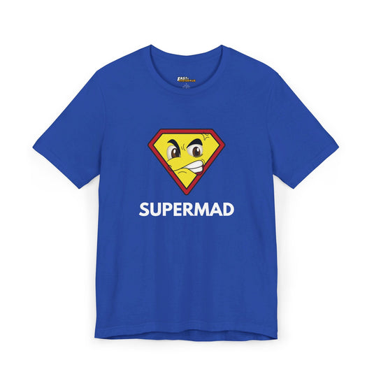 Royal blue tee for men and women featuring a playful 'Supermad' design, perfect for those who love sarcasm and parody.