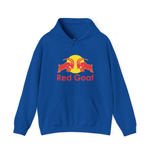 Royal blue hoodie for men and women featuring a subtle, funny brand parody with red goats, perfect for humor lovers.